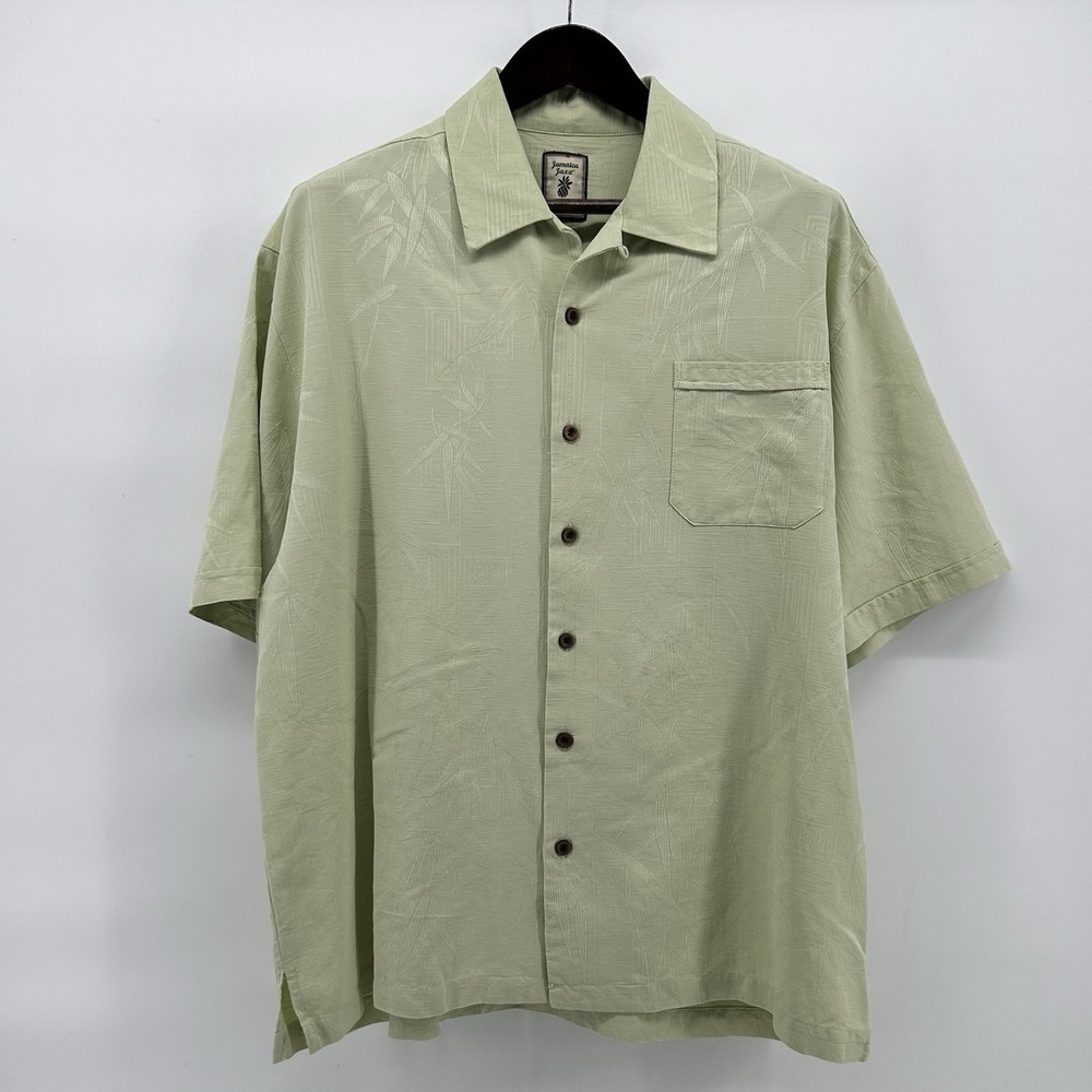 Jamaica Jaxx Silk Camp Shirt Mens XL Lime Green Floral Jacquard Hawaiian Coastal
